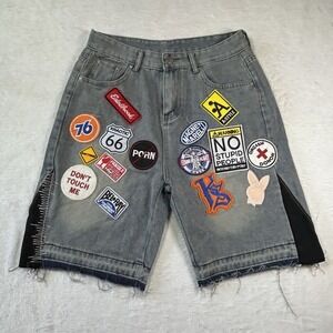Men's Custom Denim Patch Shorts Medium Wash Raw Hem Vtg Caps Size 32/ XL